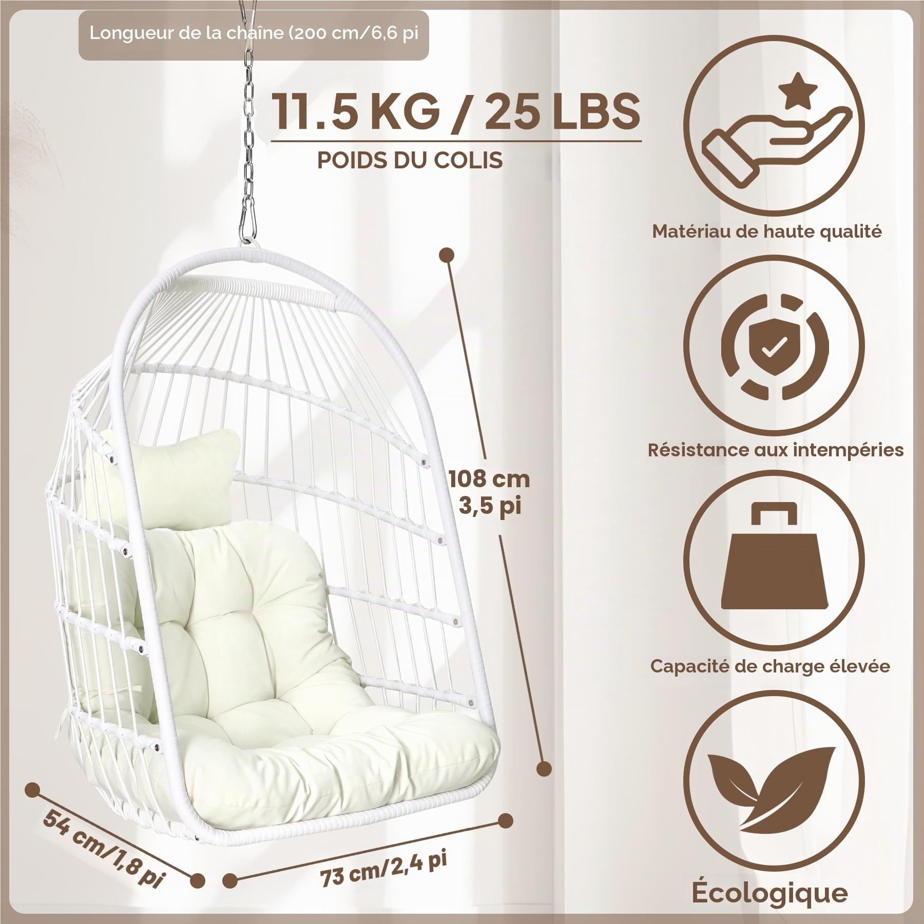 Chaise Oeuf Chaise Pliable en Osier rotin Suspendue Chaise balançoire Intérieur extérieur Patio Chaise en Osier Hamac avec kit de Suspension en Acier Inoxydable Coussin résistant aux UV