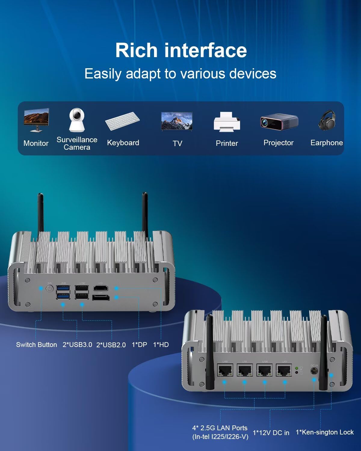 VENOEN Firewall Micro Appliance 2.5Gbe Mini PC N100, VPN Router PC 8G DDR5 RAM 128G SSD, Fanless Mini PC Network Security Server, HD, DP, 4 x i225 NICs, WiFi, SIM-Slot, Win 11/Firewall Software