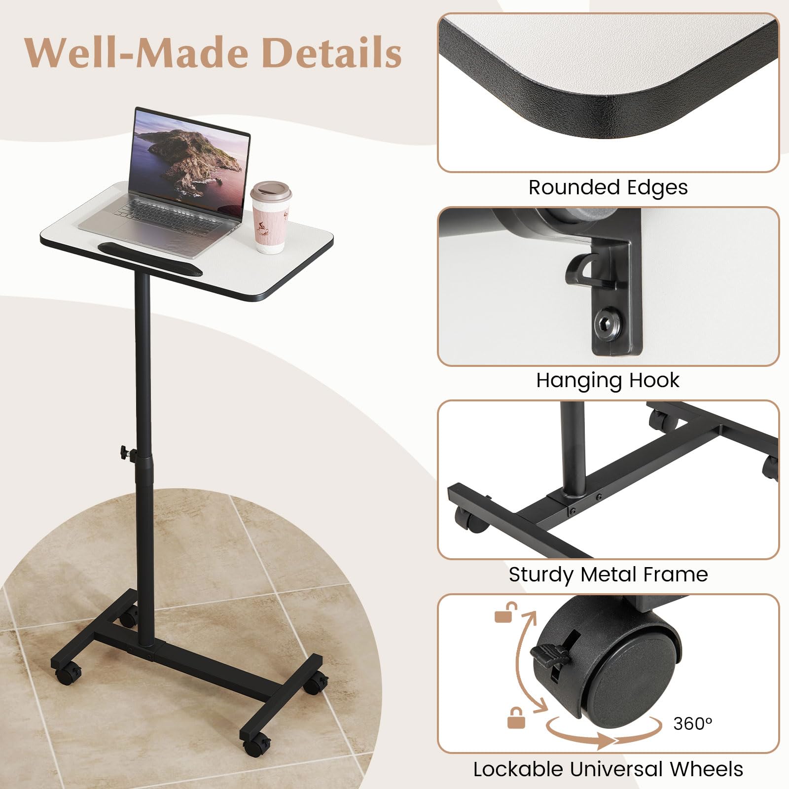 GIANTEX Tavolo da Letto per Laptop con Ruote Bloccabili, Altezza Regolabile e Rotazione 360°, Ideale per Piccoli Spazi, Ospedale, Soggiorno