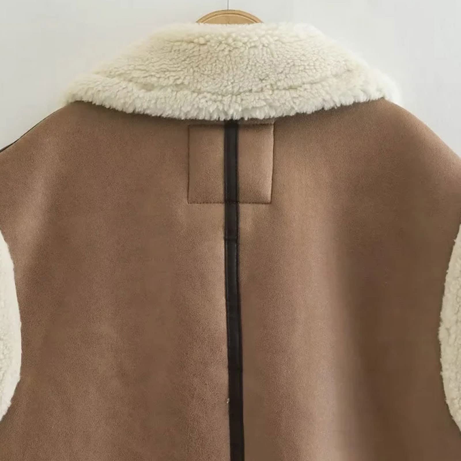 Damen-Weste, Lammfell-Weste, mit Kunst-Teddy-Fleece gefüttert, Reißverschluss, kontrastierende, ärmellose, dicke Jacken, Übergröße, leger, Biker, warme Weste für Damen, coffee, 38