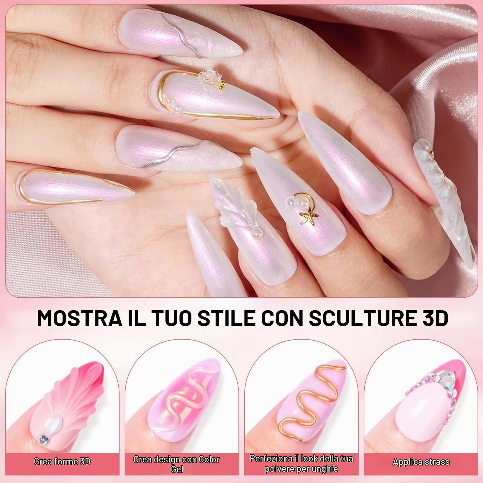 Gel 3D Scultura Nail Art Kit, 15 g 3D Builder Gel Unghie con Polvere Cromate Unghie Oro Argento e Perline Metalliche Charms per Decorazioni Unghie 3D DIY Effetto Specchio e Design