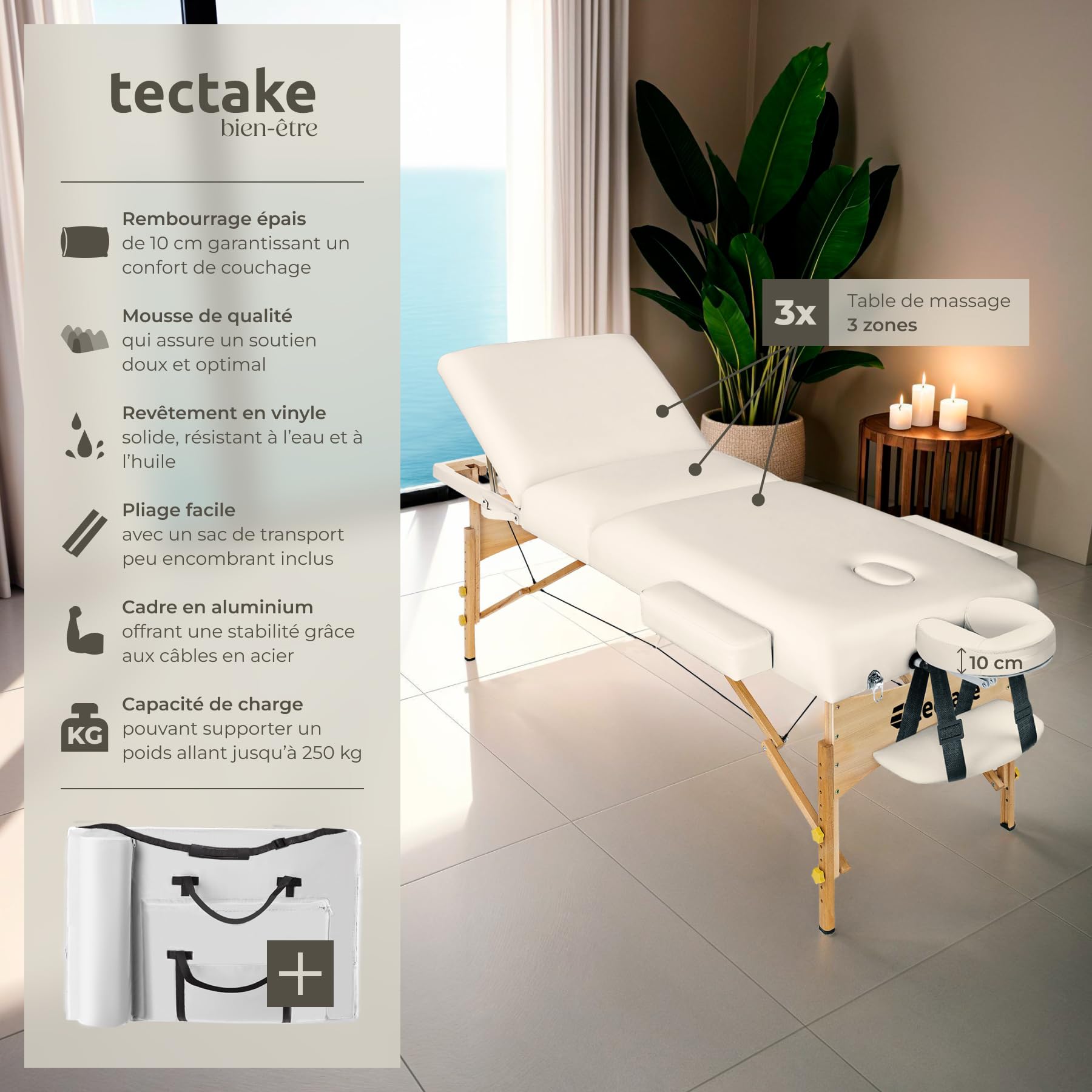 tectake® Table de Massage Pliante Professionnelle 3 Zones Épaisseur de 13 cm Massage et Relaxation Bois Table Esthetique Professionnel Lit de Massage Portable Housse de Transport - Beige