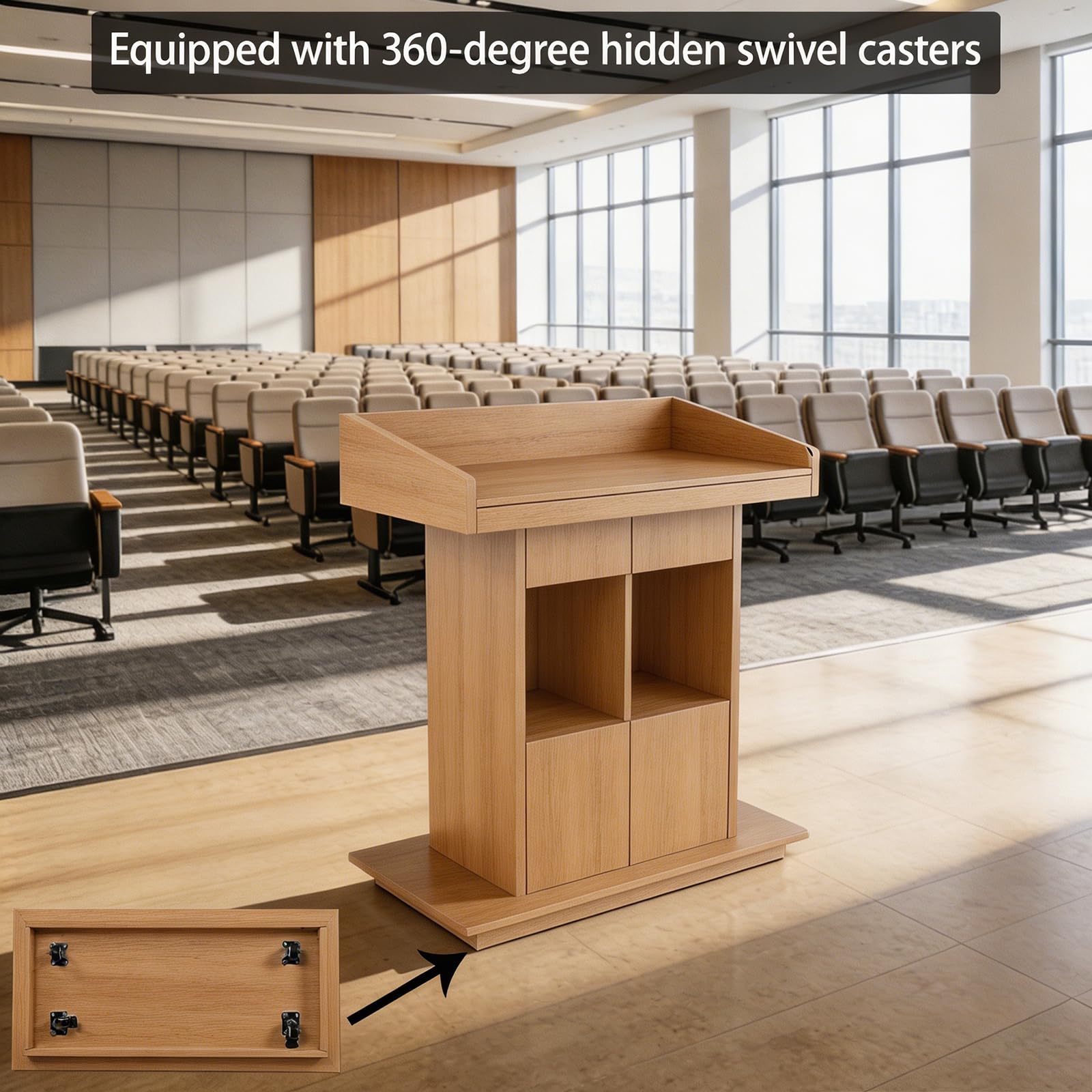 Generisch Mobilny pulpit mówniczy, drewniany, z regulowanymi kółkami, ciężka stopa do kościoła i biura, na kółkach pulpit recepcyjny, mównica na konferencje szkolne, naturalne wykończenie