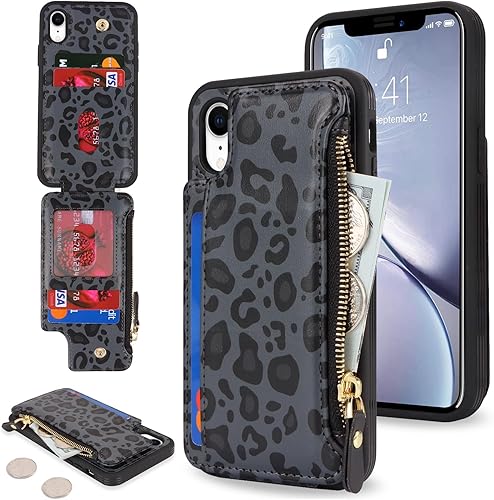 Cavor Funda protectora para iPhone XR con tarjetero para iPhone Xr para mujeres y hombres, cierre magnético de cuero, bolsillo con cremallera, color