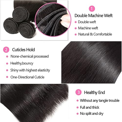 Miniatura 9 de Extensiones de cabello humano virgen brasileño sin procesar de 20, 22 y 24 pulgadas, 3 paquetes de extensiones de cabello humano lacio, sin