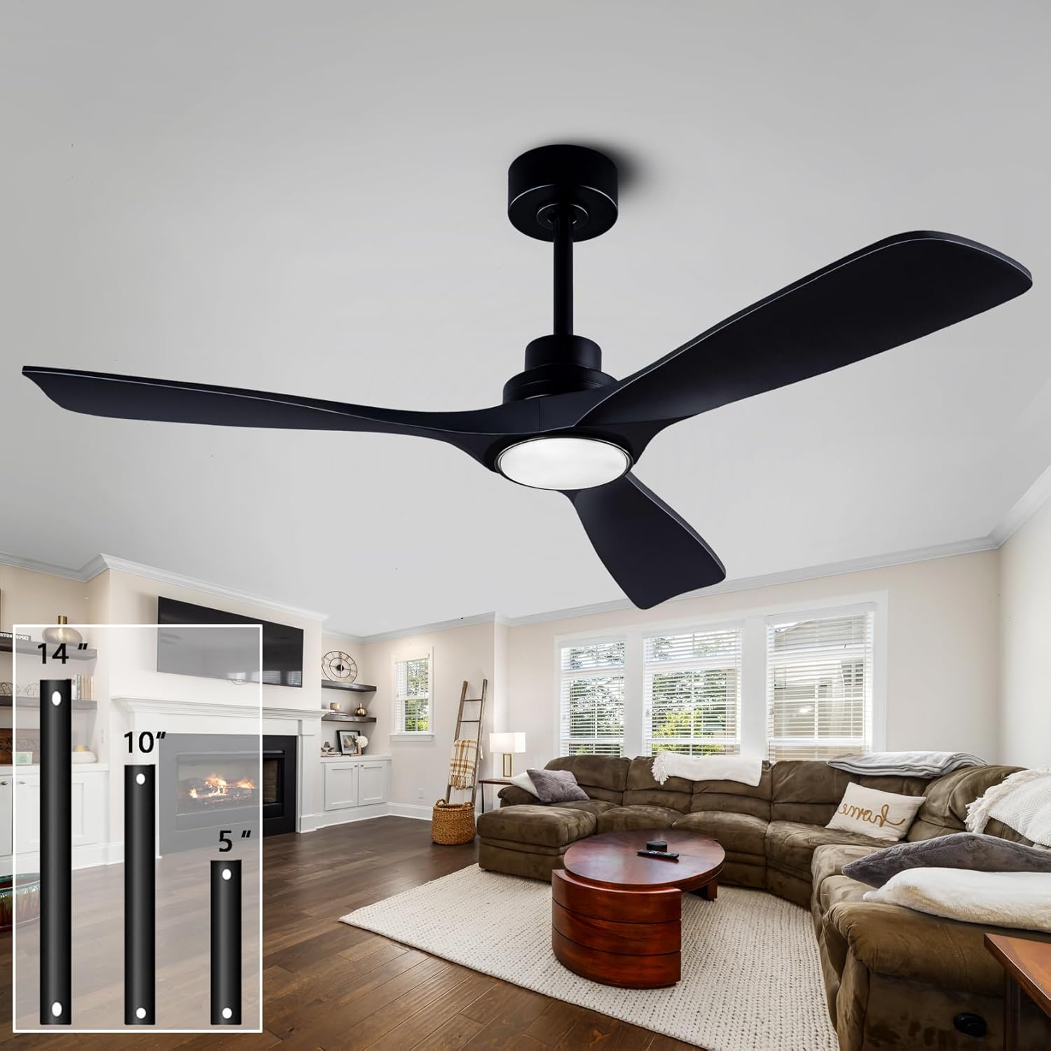 52" Wood Ceiling Fan with Lights Remote Control,Quiet DC Motor 3 Blade Ceiling Fans for Patio Living Room, Bedroom, Office,Indoor Outdoor(Black) Black 52 inch with Light