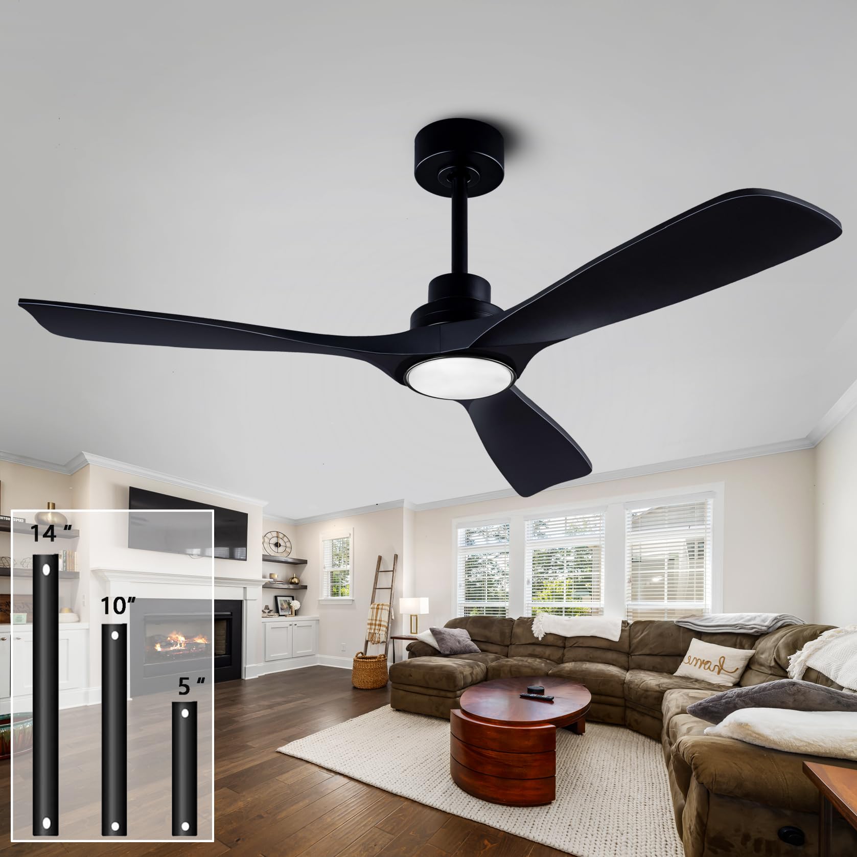 52" Wood Ceiling Fan with Lights Remote Control,Quiet DC Motor 3 Blade Ceiling Fans for Patio Living Room, Bedroom, Office,Indoor Outdoor(Black)