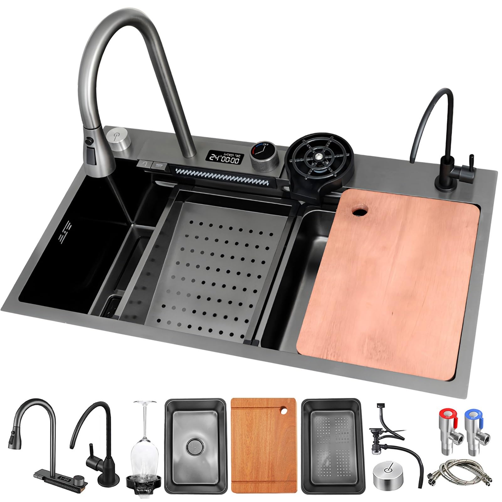 HYSOPSPX Multi-Function Temperature Display Waterfall Sink,Black Large Capacity Single Bowl Kitchen Sink,Topmount,Home Set, Nano Bar(Left,68x45cm)