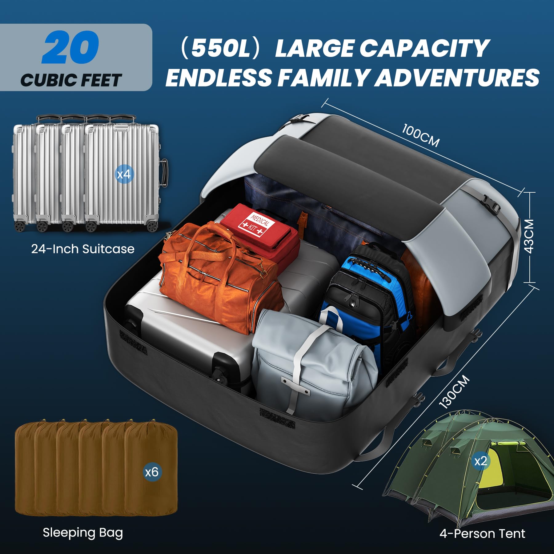 Huanyu Autodach Tasche 20 Kubik / 550L Autodachbox Wasserdichtes Dachzelt für Fahrzeuge Autodachzelt für Fahrzeuge mit oder ohne Autoträger Dachgepäckträger mit Anti-Rutsch-Matte und 6 Türhaken