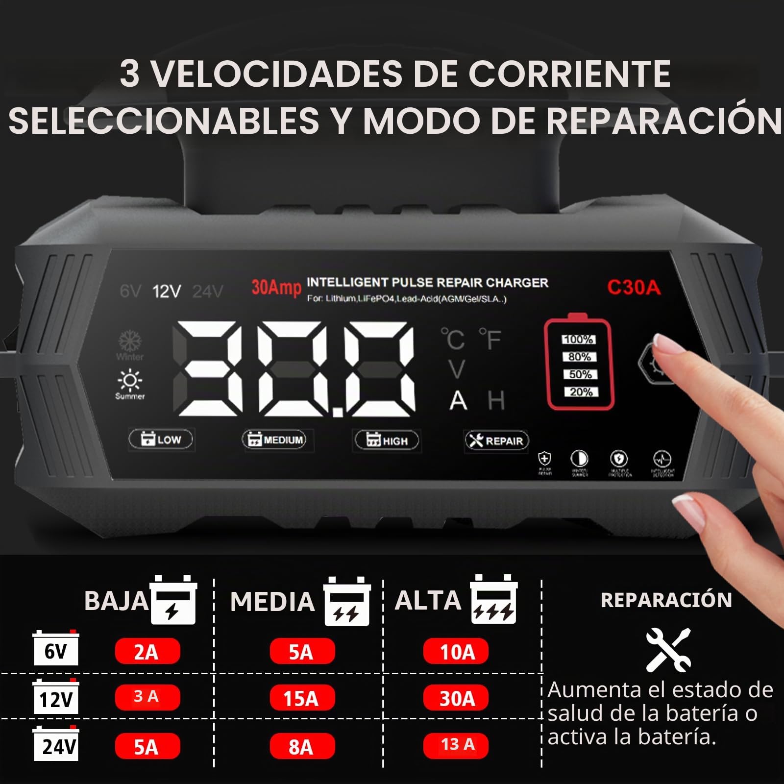 Cargador de batería de coche de 30 A, Haisito 6 V/12 V/24 V, cargador y soporte para AGM, Gel, SLA, EFB y LiFePO4, cargador automático de 9 etapas con pantalla LCD para coche, moto