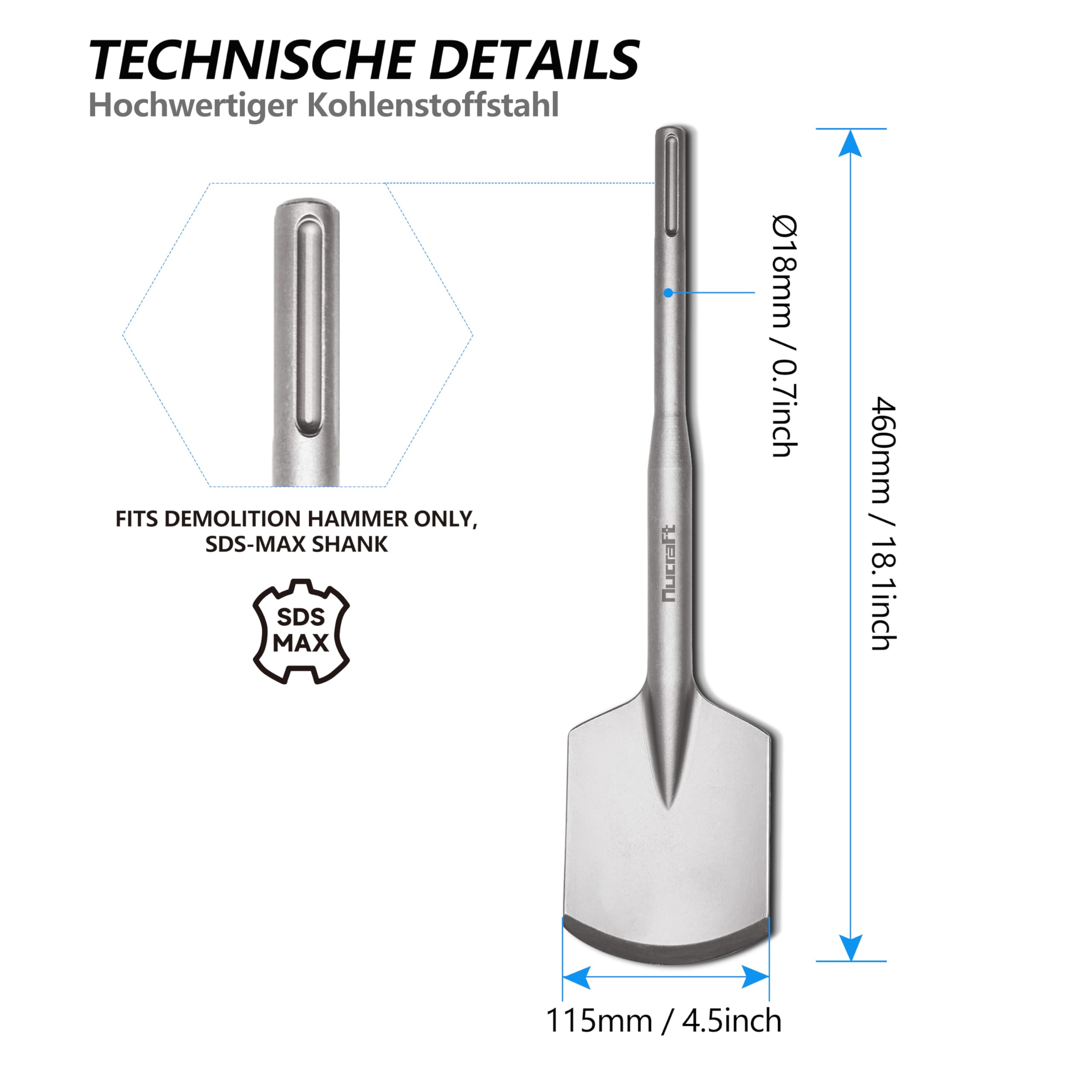 Nucraft SDS MAX scalpello per asfalto 115 x 460 mm per martelli demolitori, rimozione di calcestruzzo e muratura