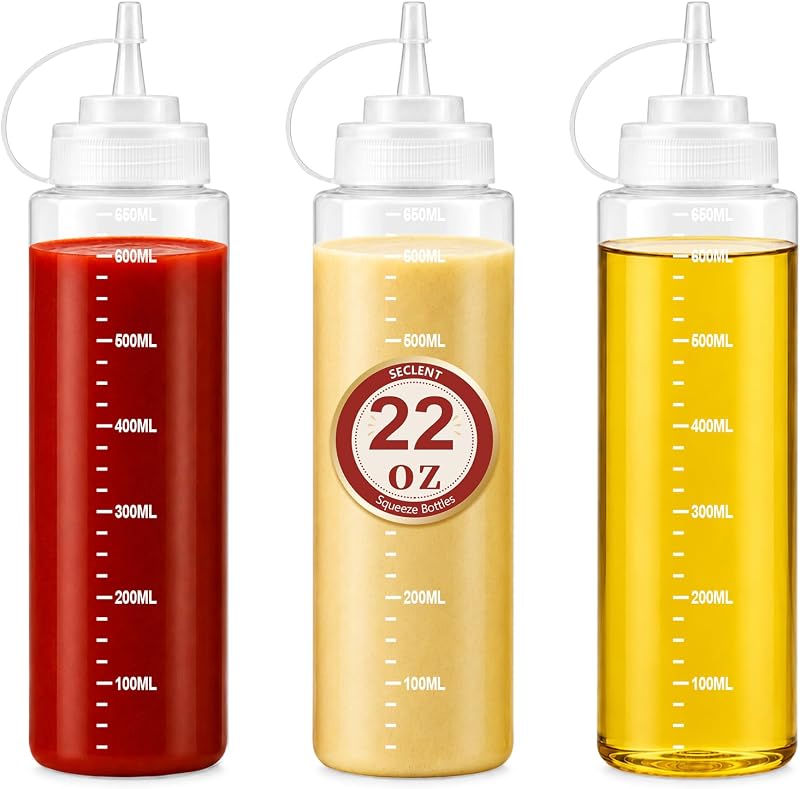 Frascos squeeze para molhos SECLENT com bico ajustável, 680 mL, 3 unidades
