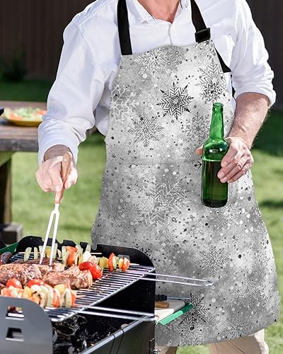 Miniatura 6 de Delantal de cocina de Navidad, invierno, copos de nieve, impermeables, ajustables, para mujereshombres, con bolsillos, gris, blanco