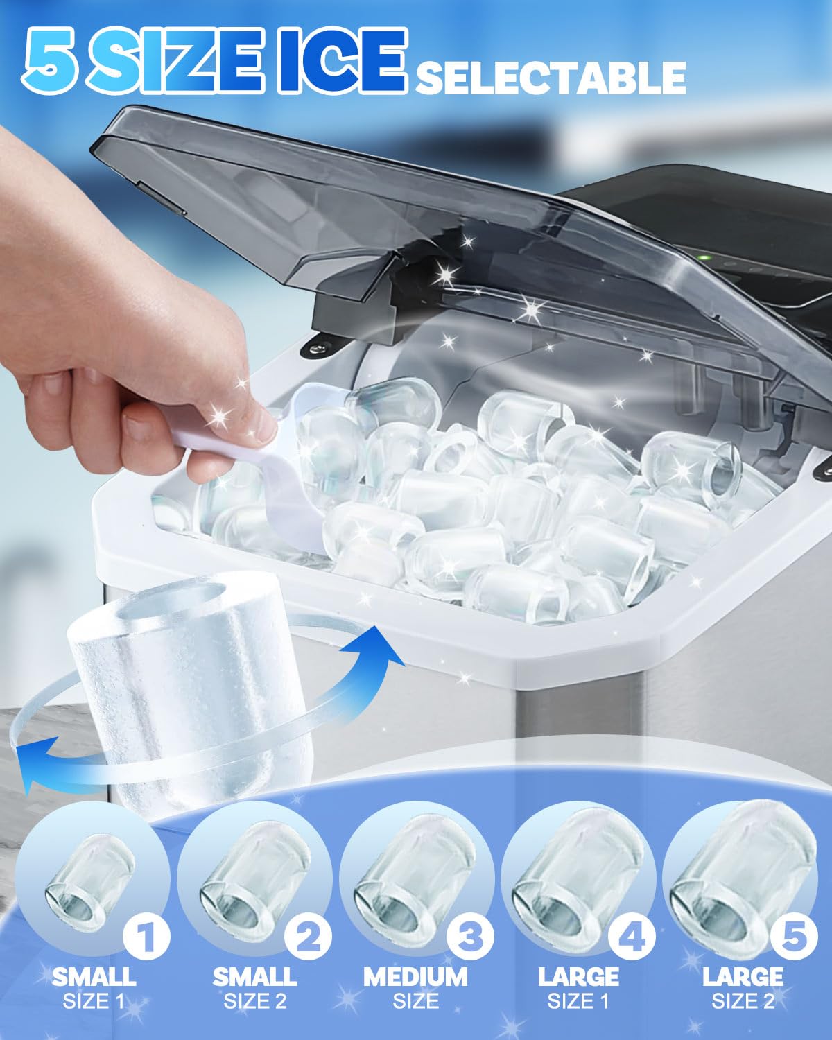 Macchina per il ghiaccio da banco, 9 cubi in 6 minuti, 15 kg in 24 ore, macchina per il ghiaccio per la casa, 2 dimensioni proiettili, 1,5 l, paletta e cestino per ghiaccio, autopulente, portatile