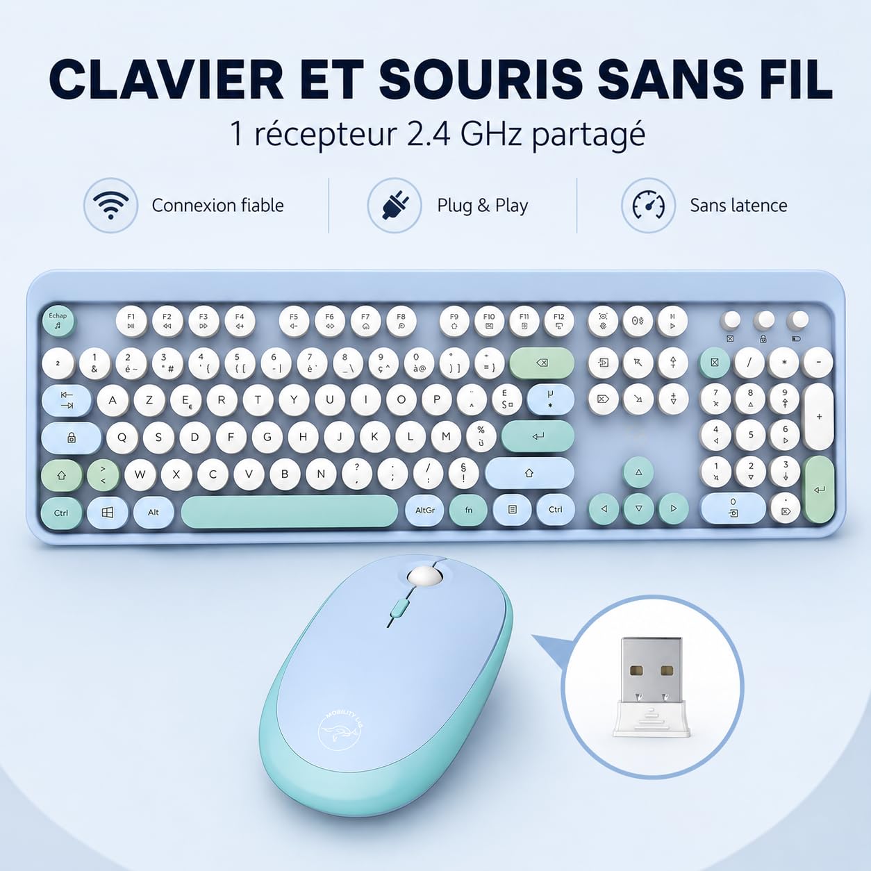 Mobility Lab – Combo Clavier + Souris sans Fil Pure Color – FR AZERTY, Touches Plates et sensibles, Design Compact, Raccourcis, Pavé numérique, Compatibilité Windows