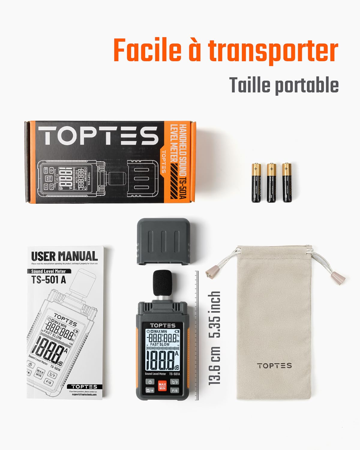 Sonomètre, TopTes TS-501A Décibelmètre avec écran LCD rétroéclairé de 2,25 pouces, pondéré A, plage 30-130 dB, valeur MAX/MIN, utilisation pour la maison, voisin bruyant, usine - Orange