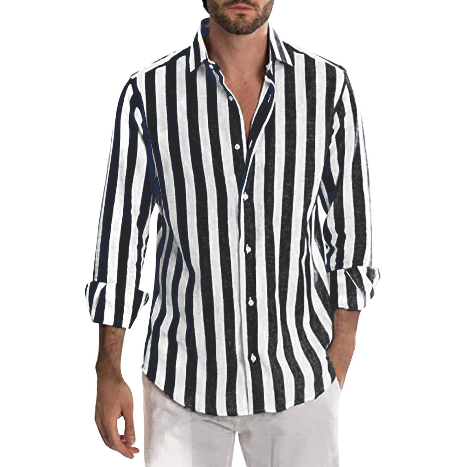 Generisch Camisa de hombre a rayas de lino con hebilla de manga larga para hombre