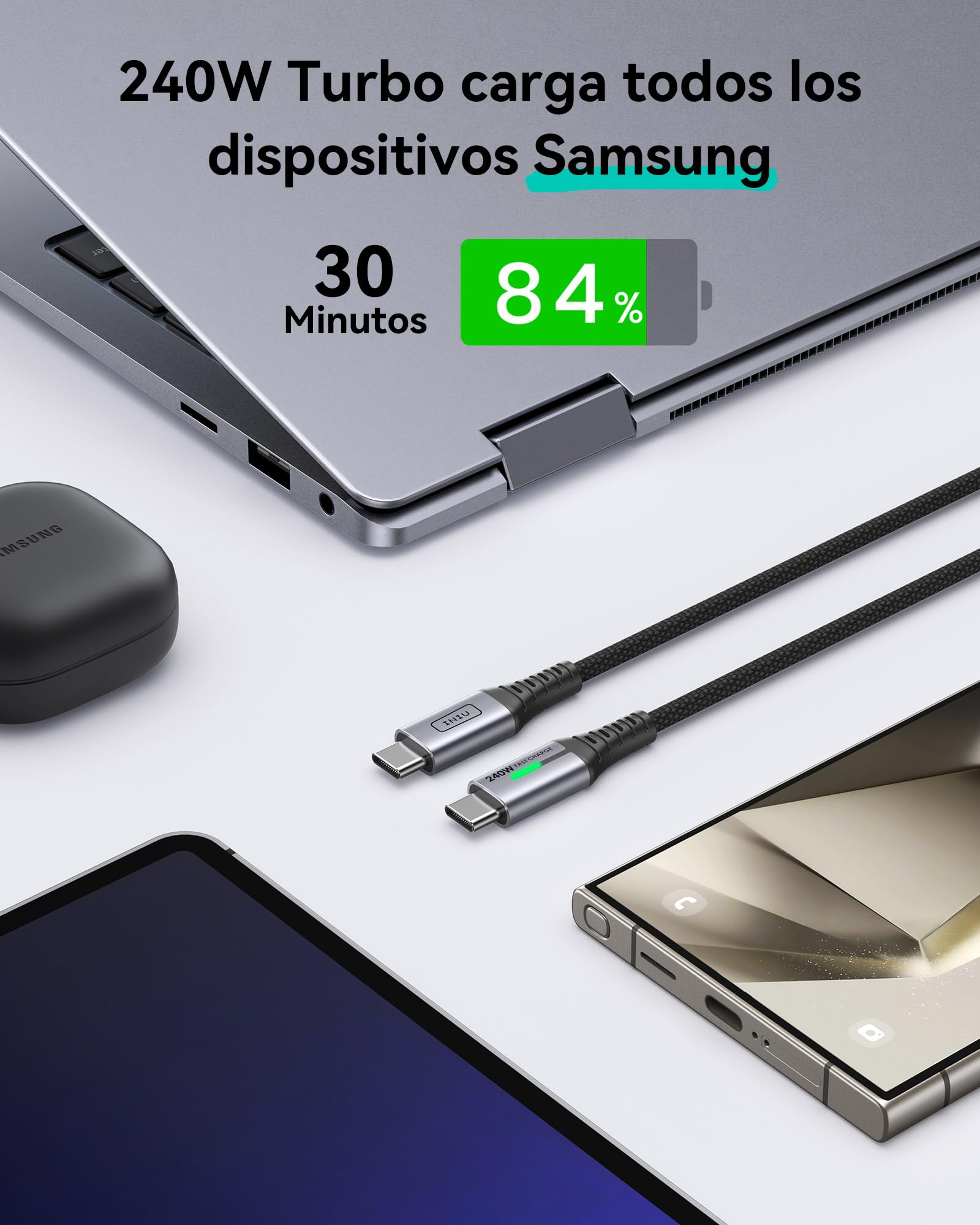 INIU 240W Cable USB C Carga Rapida, [2-Pack 2m] PD3.0 Cable USB C a USB C, Nylon Cable Carga Rapida Tipo C para iPhone 16 15 Pro max, MacBook iPad, Note20, Pixel 7, Dell Laptop Steam Deck, Samsung ecc