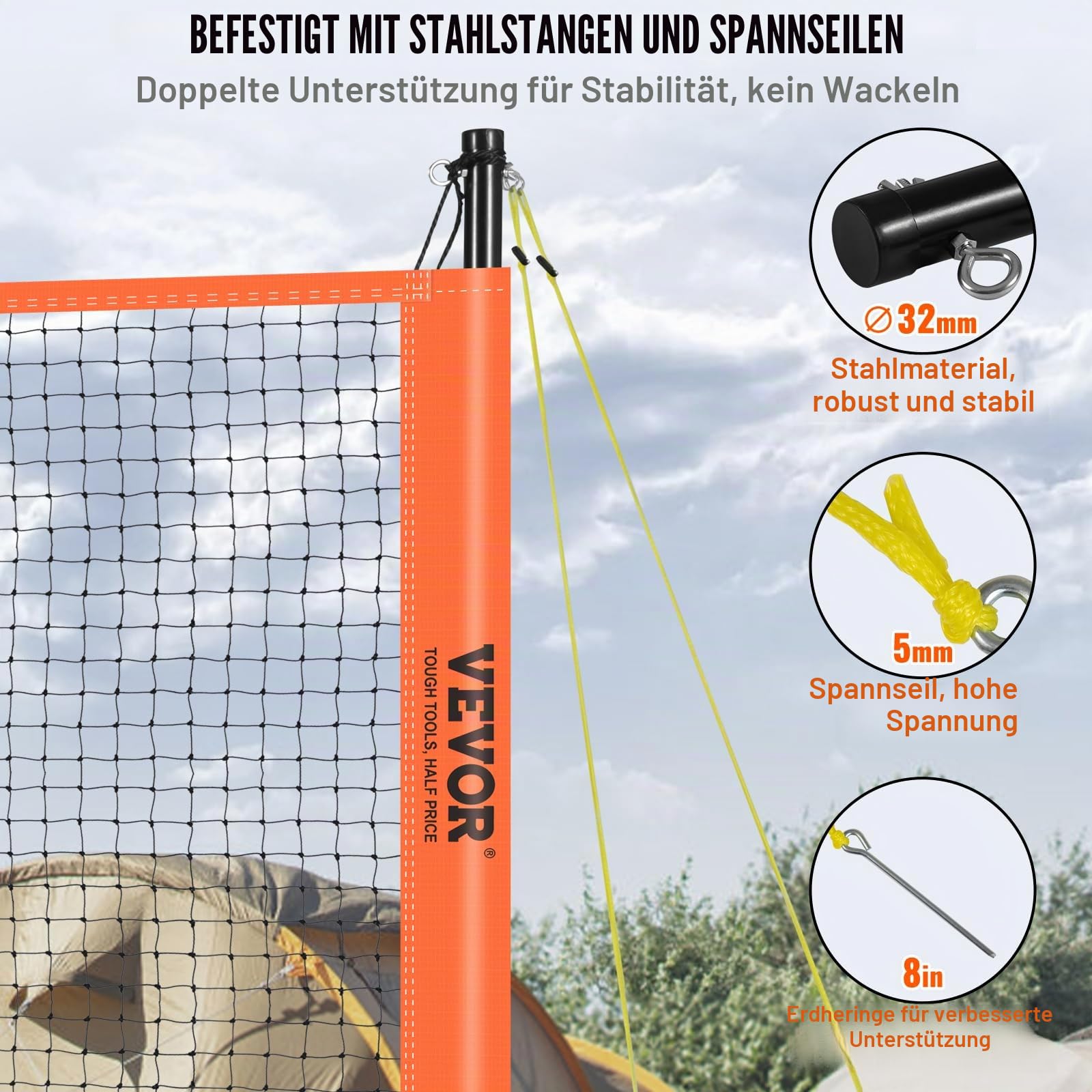 VEVOR Volleyballnetz Höhenverstellbares Badmintonnetz, 91,44 x 970 cm Tragbarer Beachvolleyball-Netz, Orange Volleyballnetz Faltbare Volleyballnetz mit Volleyball & Tragetasche & Badmintonschläger