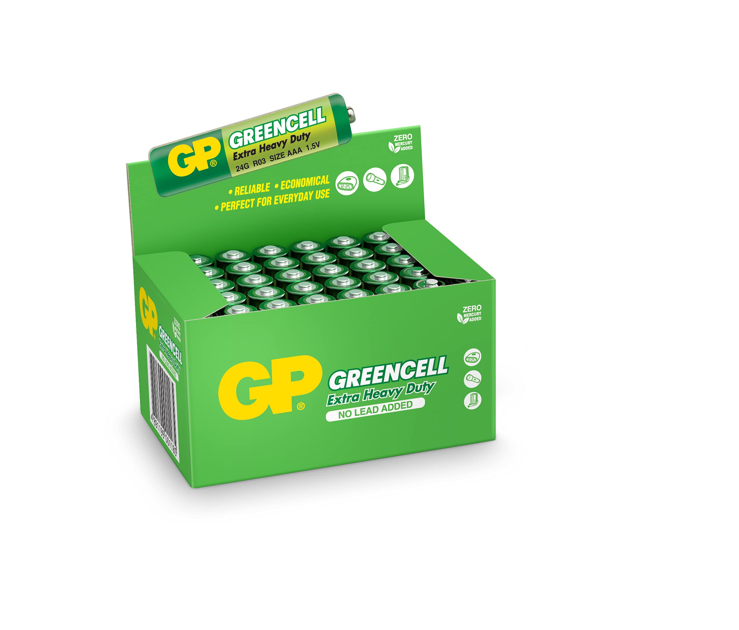 GP Batteries GP24G Greencell R03/1212/AAA İnce Pil, 1.5 Volt, 40'lı Kutu, Yeşil/Sarı/Beyaz