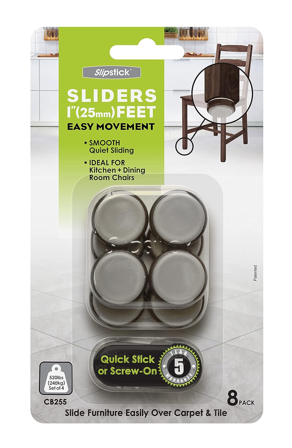 Slipstick CB255 1 Inch Floor Protector Chair Glides Furniture Slider Feet Set of 8 Self Stick or Screw