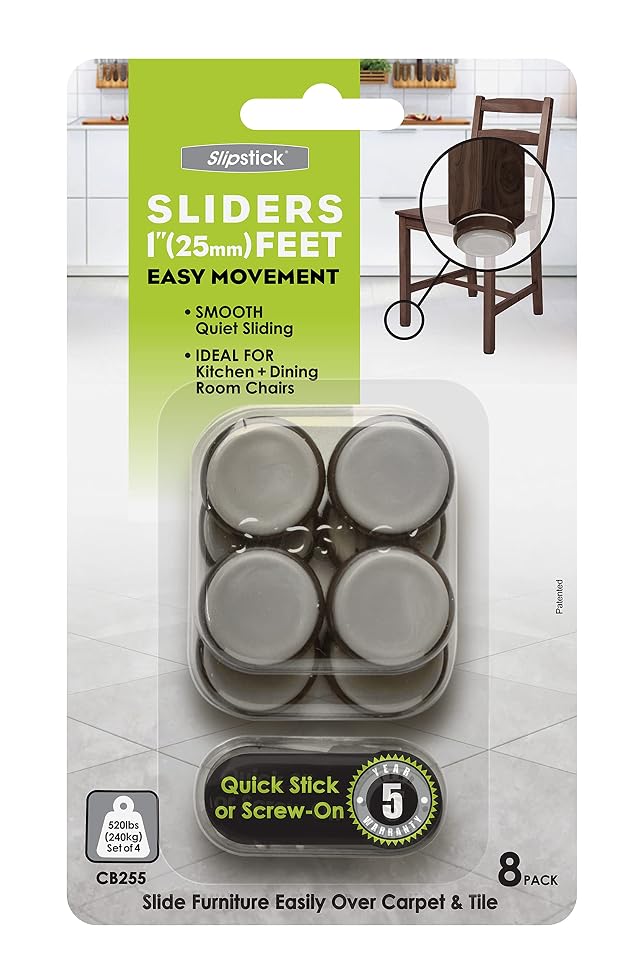 Slipstick CB255 1 Inch Floor Protector Chair Glides Furniture Slider Feet Set of 8 Self Stick or Screw