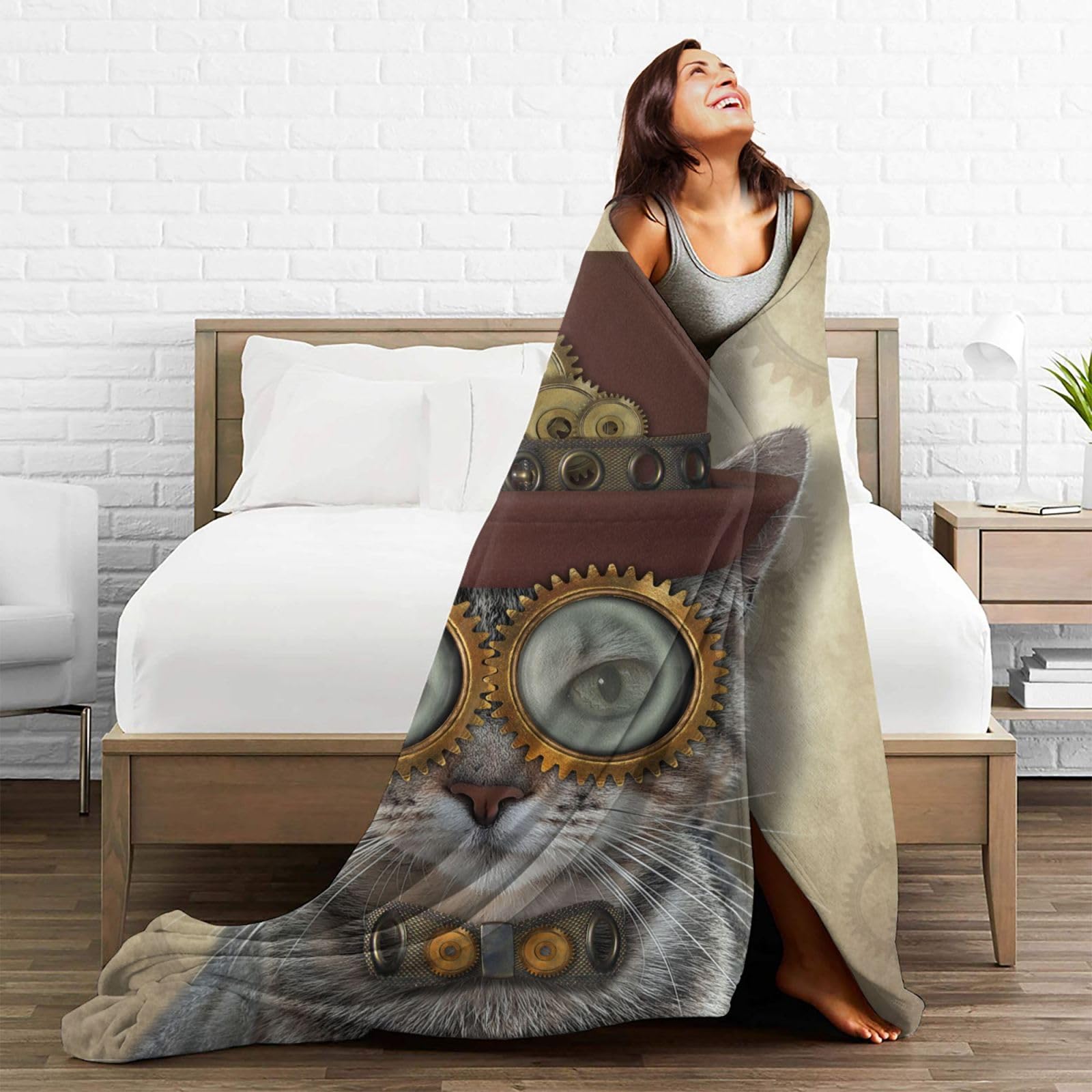 Plistiz Steampunk Cat Throw Blanket 60x80 Inches - Soft Flannel Polyester, Vintage Cat Design, Cozy Gift For Cat Lovers - View #9