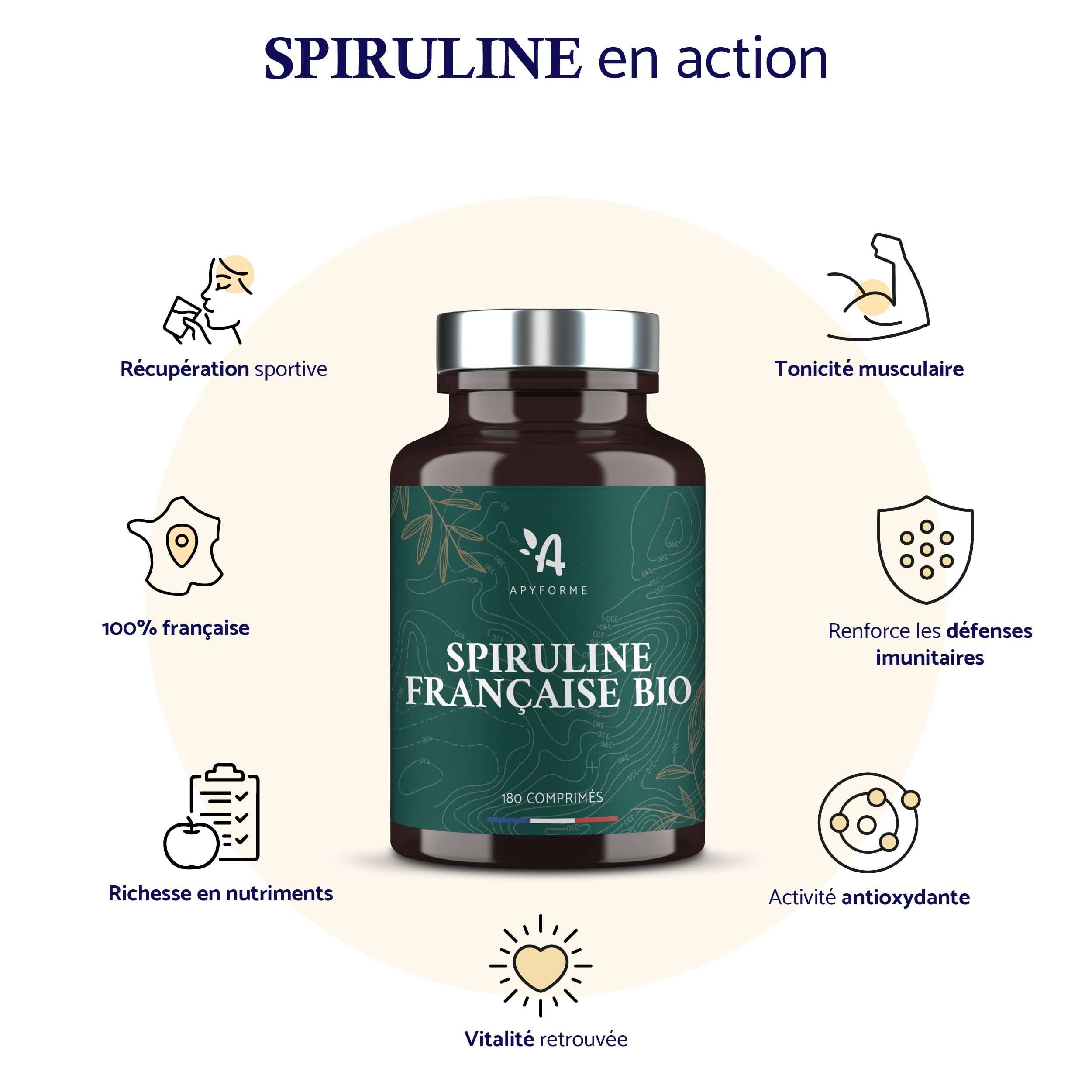 Apyforme - Spiruline BIO Française - Haute Concentration Jusqu'à 25% de Phycocyanine - Culture Paysanne Écoresponsable - 180 Comprimés Super Protéinés - Origine France