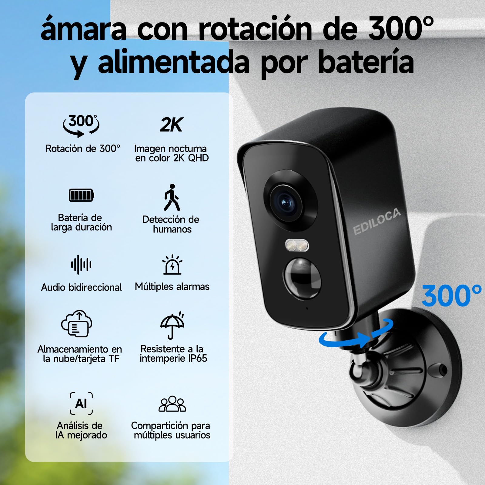 Ediloca Camara Vigilancia WiFi Exterior, Cámara de Vigilancia 2K 3MP con Rotación Horizontal de 300°, Batería Recargable, Detección Humana PIR, Visión Nocturna en Color, Audio Bidireccional, Sirena