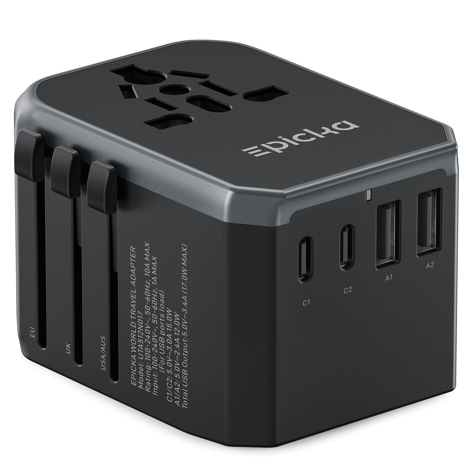 EPICKA Reiseadapter Weltweit, Universal Reisestecker Adapter 17W, Internationaler Steckdosenadapter mit 2 USB A und 2 USB C für Deutschland USA UK Japan Thailand Australien TA-104e