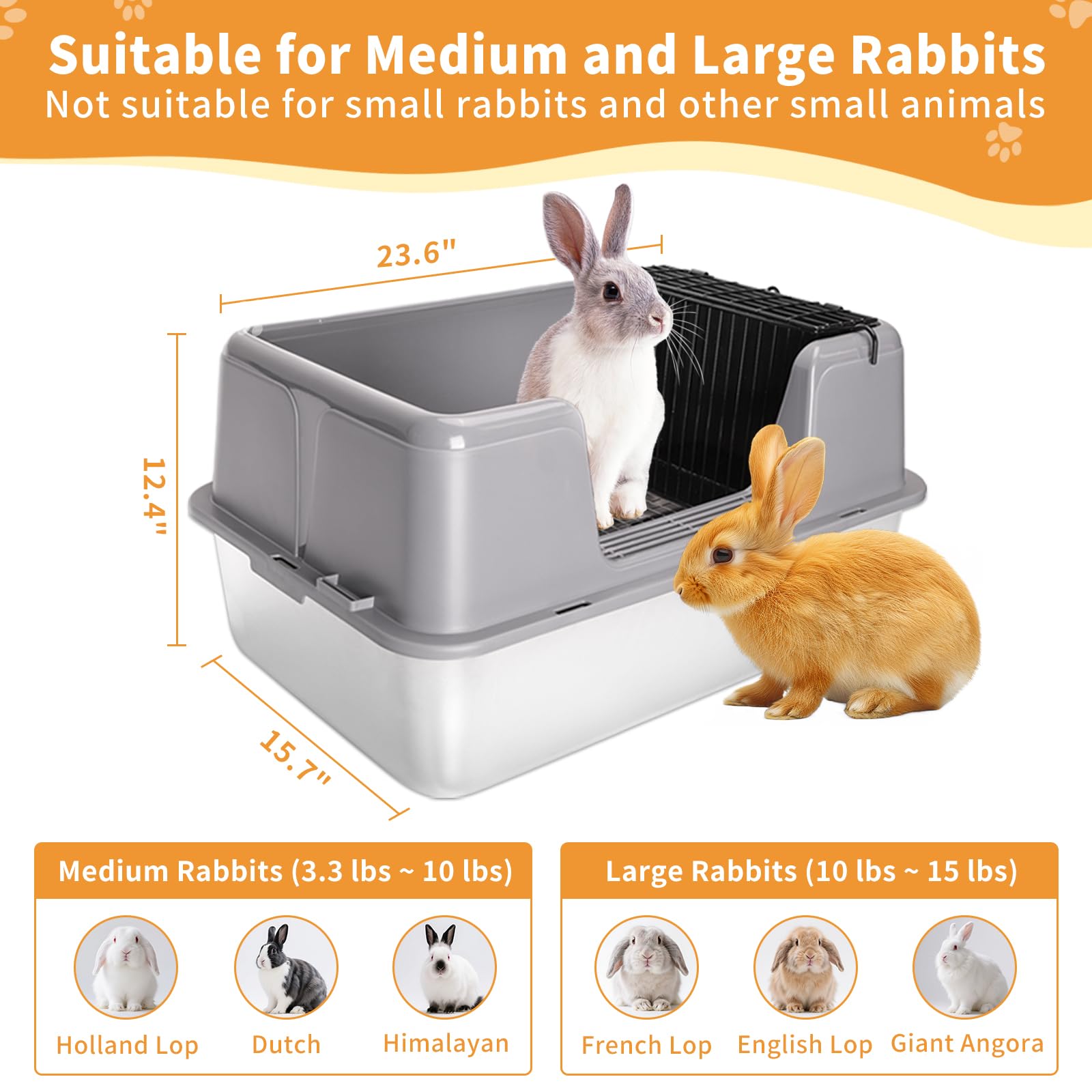 Zuqqony XL Rabbit Litter Box, 23.6" L x 15.7" W x 12.4" H Stainless Steel Rabbit Litter Box with Lid, Hay Feeder with Hooks, Footed Metal Grid, Easy to Clean for Medium and Large Rabbits - image 5