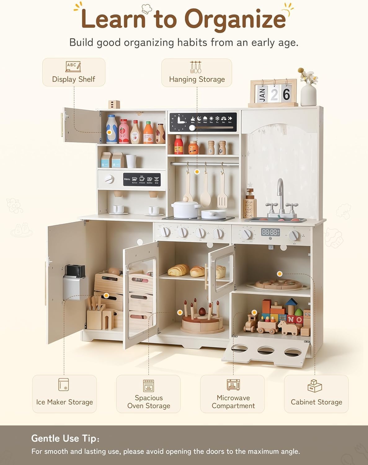 besrey Cucina Giocattolo per Bambini in Legno 105cm con Luci e Suoni, Beige | Con microonde, dispenser di ghiaccio e area per la raccolta differenziata; ampio spazio per giocare insieme dai 3 anni