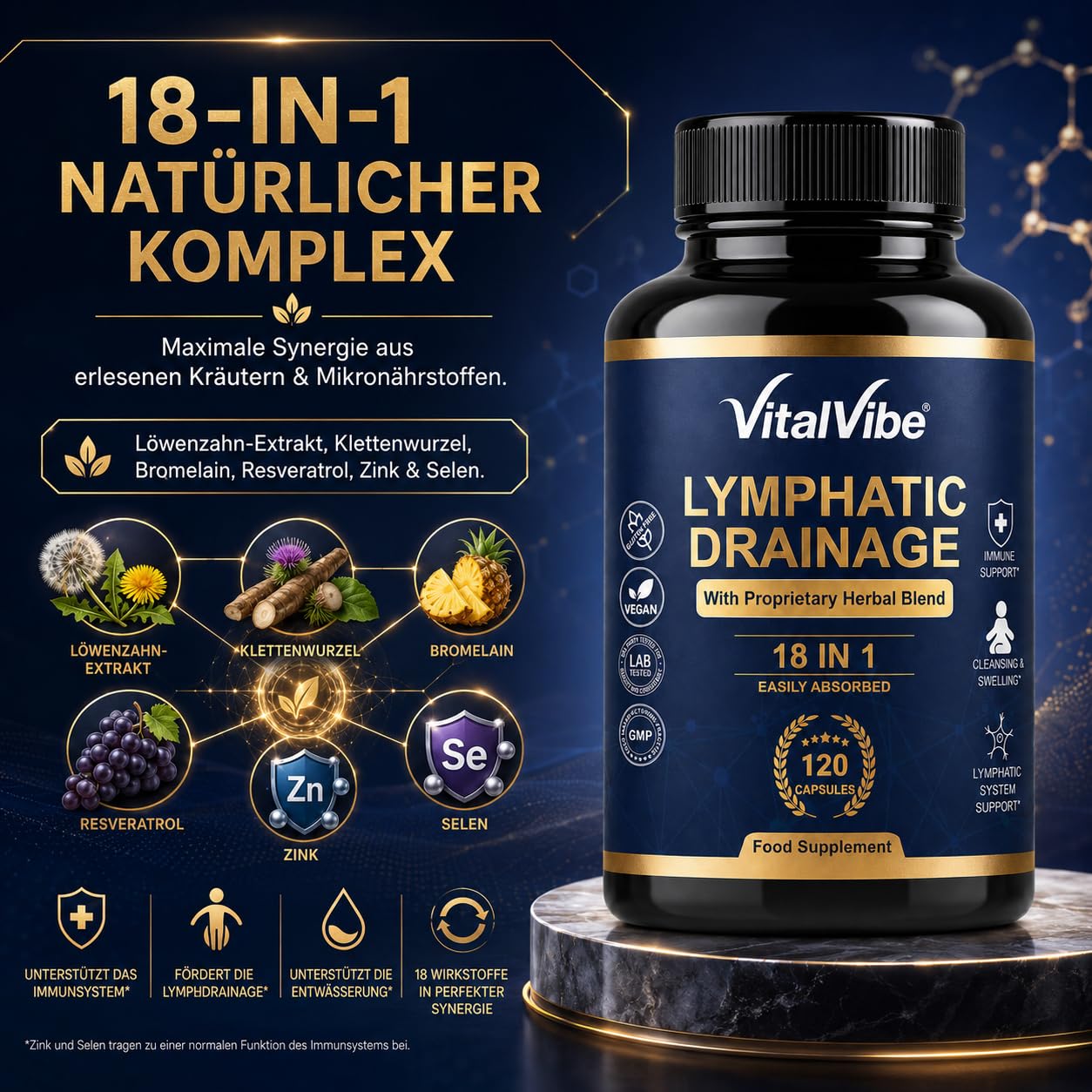 Lymphdrainage Kapseln - 18 in 1 Komplex mit Löwenzahn, Klettenwurzel & Bromelain - Lymphatisches System & Immunsystem Support - 120 Vegane Kapseln mit Vitamin C, D3, Zink & Selen