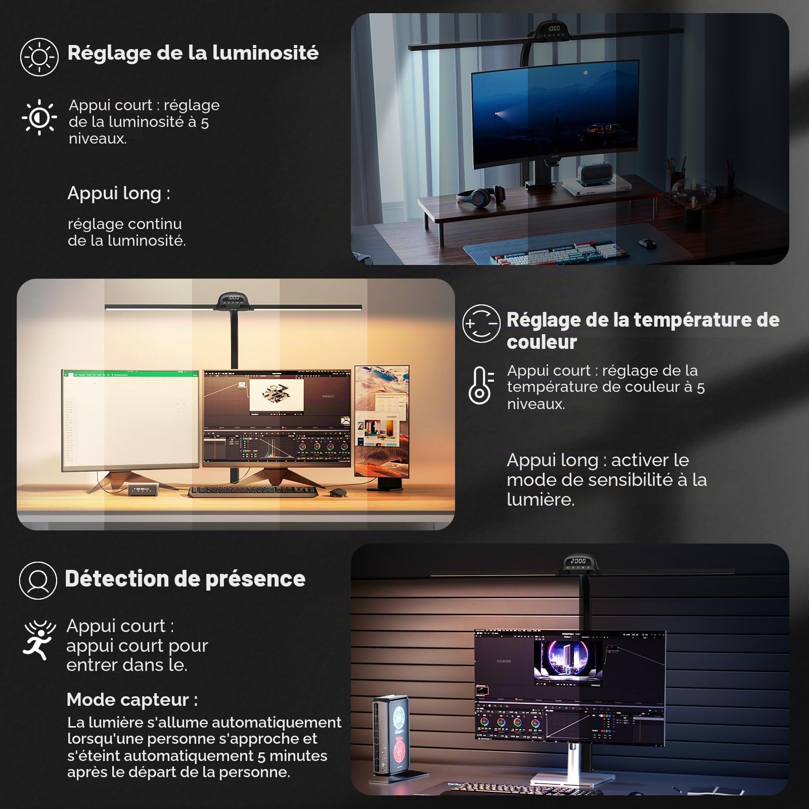 Lampe de Bureau LED et Télécommande, 24 W 90 cm, CRI 95,Lampe de Moniteur à Intensité Variable, Lampe Lumière du Jour Pour les Travailleurs de Bureau