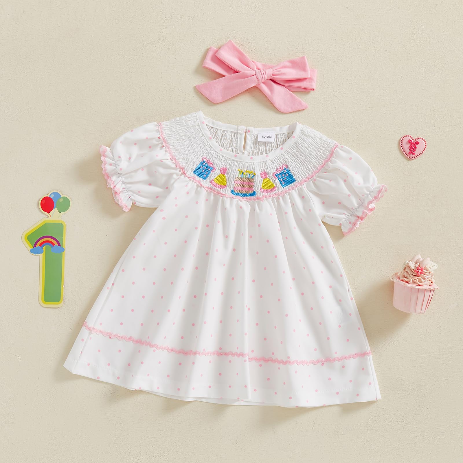Little Kids Toddler Baby Girl Dress Birthday Cake Embroidery Puff Short Sleeve Smocked Dress A-line Princess Dress (White, 4-5 Years)
