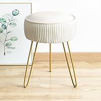 LUEBONA Pleated Velvet Vanity Stool - Round Upholstered Ottoman Footrest with Metal Legs for Bedroom, Makeup Room, White