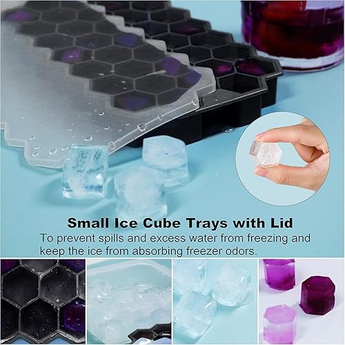 Miniatura 5 de Bandejas de cubitos de hielo para congelador con tapa, bandeja de cubitos de hielo de silicona con tapa, paquete de 4 unidades, color negro,