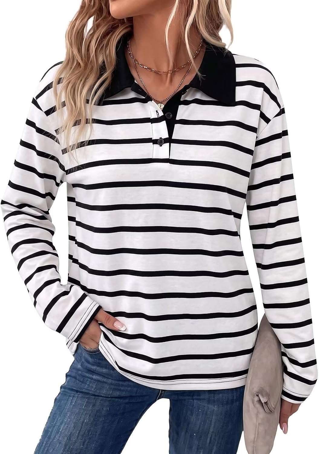 Dokotoo Womens Tops 2026 V Neck Button Down Long Sleeve Striped Polo Shirts