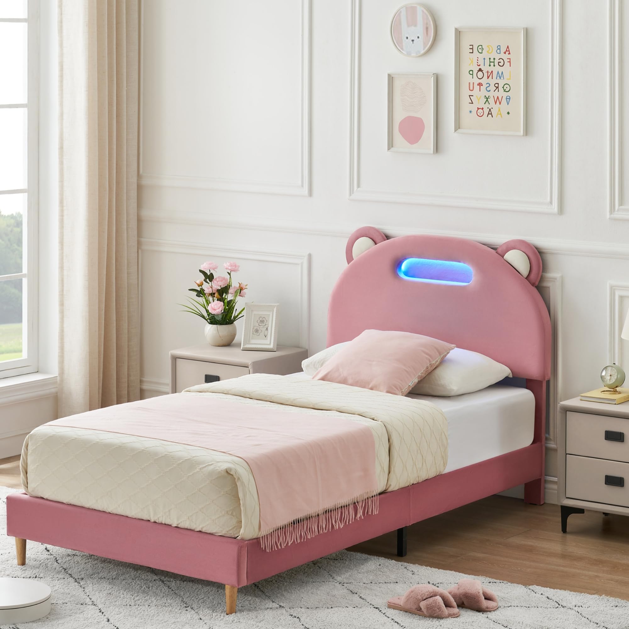 Photo 1 of GAOMON Twin Bed Frame Upholstered Platform with LED Lights and Headboard, Strong Wooden Slats Support, No Box Spring Needed/Noise-Free/Easy Assembly, Beige