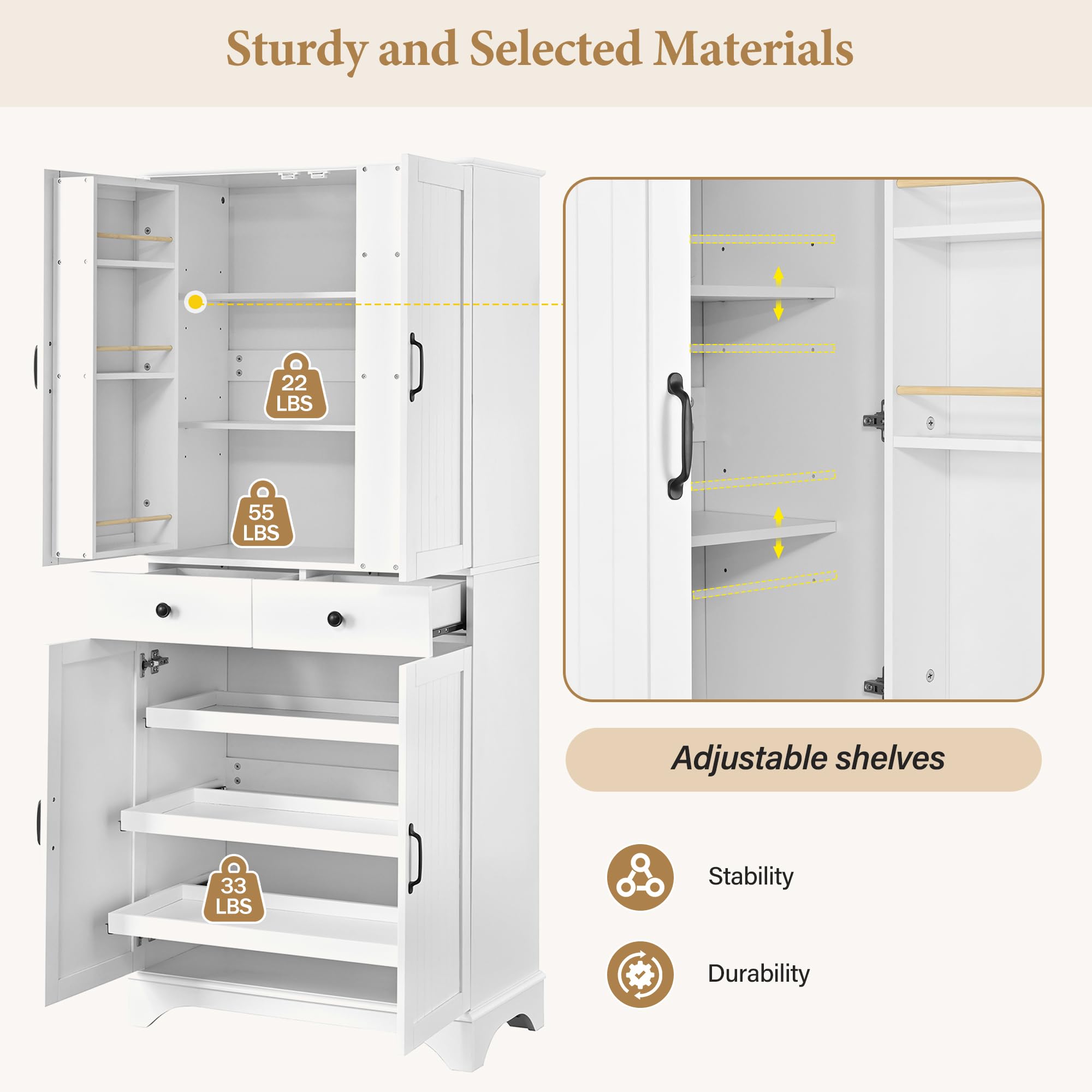 Armario alto con estantes ajustables y cajones, estantería con estantes extensibles y puertas de frigorífico, ideal para comedor, salón y cocina (color blanco)