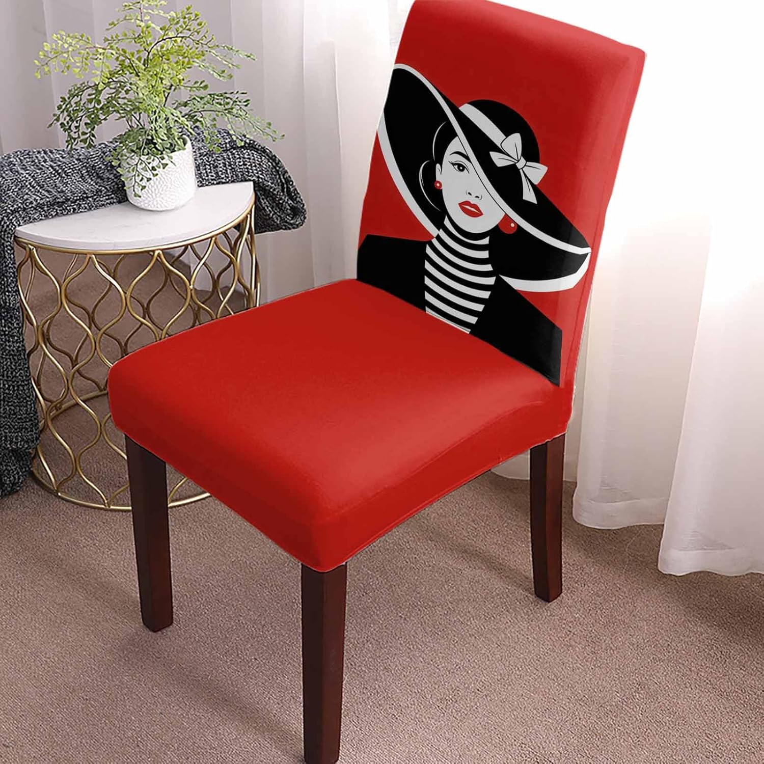 Chair Covers for Dining Room Fashion Girl Wearing Black Hat Stretch Chairs Slipcovers Removable Washable Seat Protector Black White Red Seat Cushion Cover for Home Hotel Party Decor,4PCS