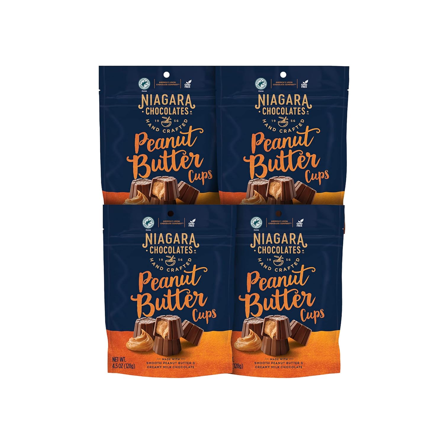 Niagara Chocolates Milk Chocolate Peanut Butter Cups 4 Pack Stand-Up Bag (4.5oz) Non-GMO, Premium Chocolate, Hand-Crafted