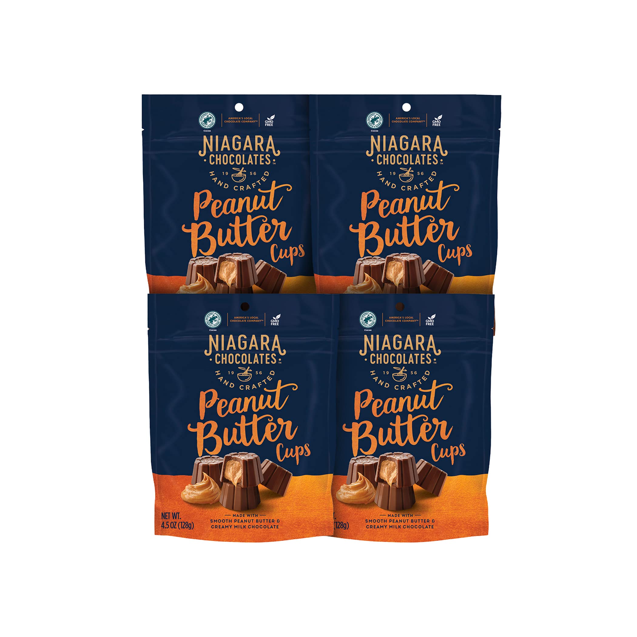 Niagara Chocolates Milk Chocolate Peanut Butter Cups 4 Pack Stand-Up Bag (4.5oz) Non-GMO, Premium Chocolate, Hand-Crafted