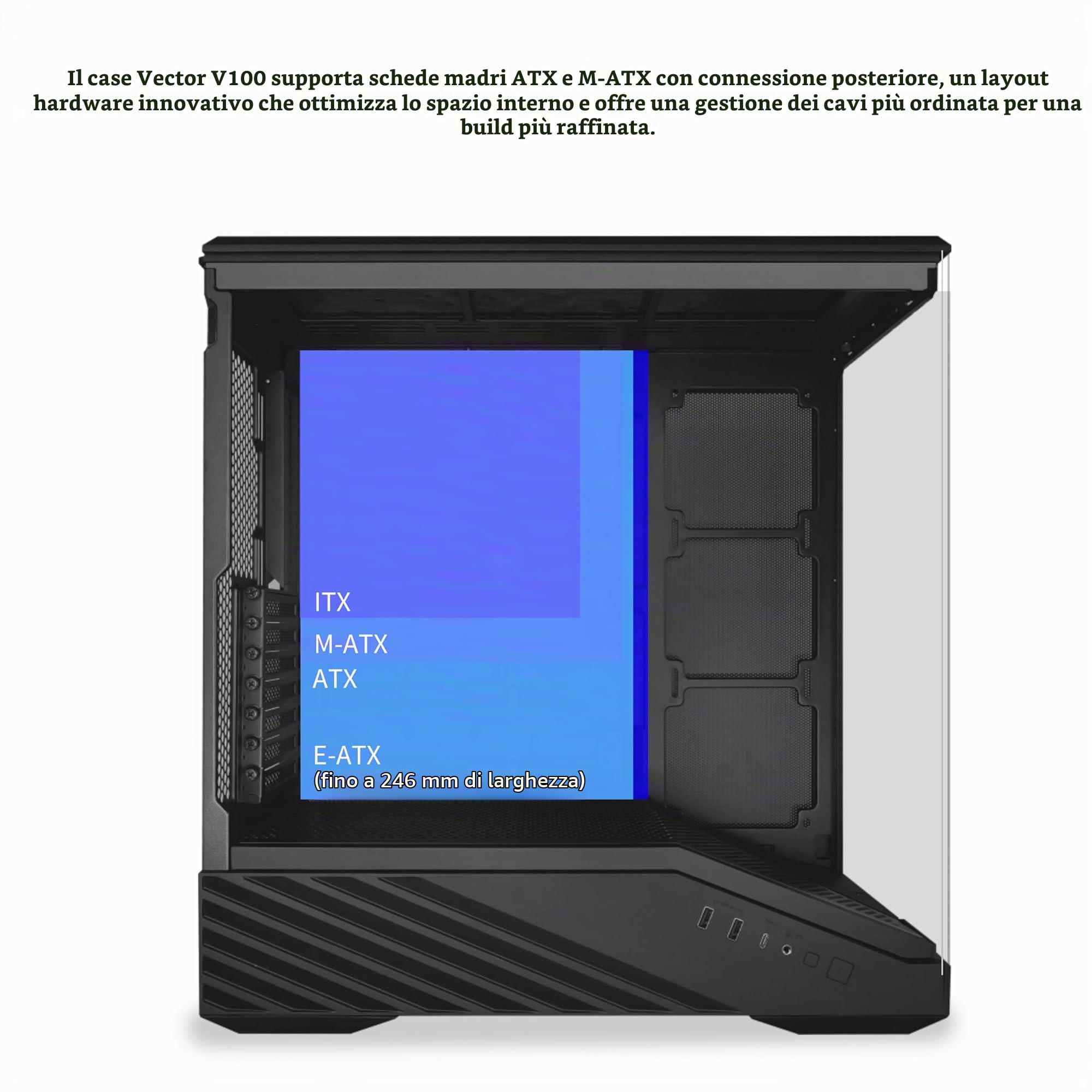 Lian Li Case per PC Mid-Tower V100 ATX, striscia LED RGB, design della piattaforma display con vetro temperato, supporto GPU da 415 mm, radiatore da 360 mm, I/O laterale e flusso d'aria ottimizzato