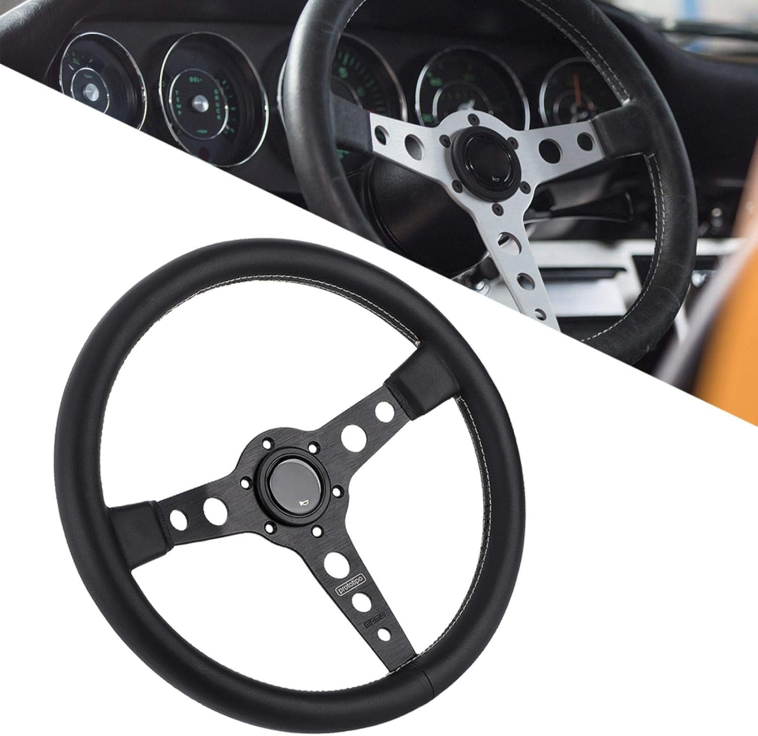 Tор Brаndѕ Racing Steering Wheel,Akozon 350mm/14in Car Steering Wheel Prototipo Style 6-Bolt Black Leather Racing Steering Wheel Gray Stitching with Horn Button 14 flat bottom racing steering