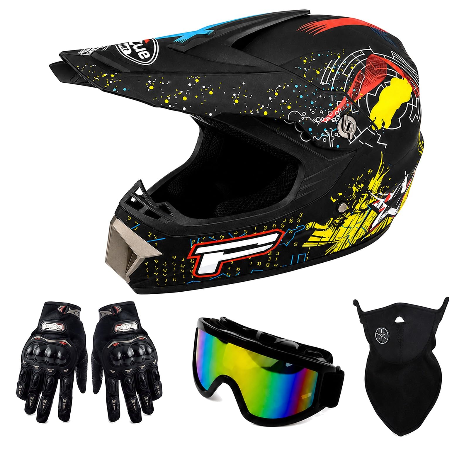 Casco Moto Cross Adulto Multicolore, Set 4 in 1 per Off-Road e MTB