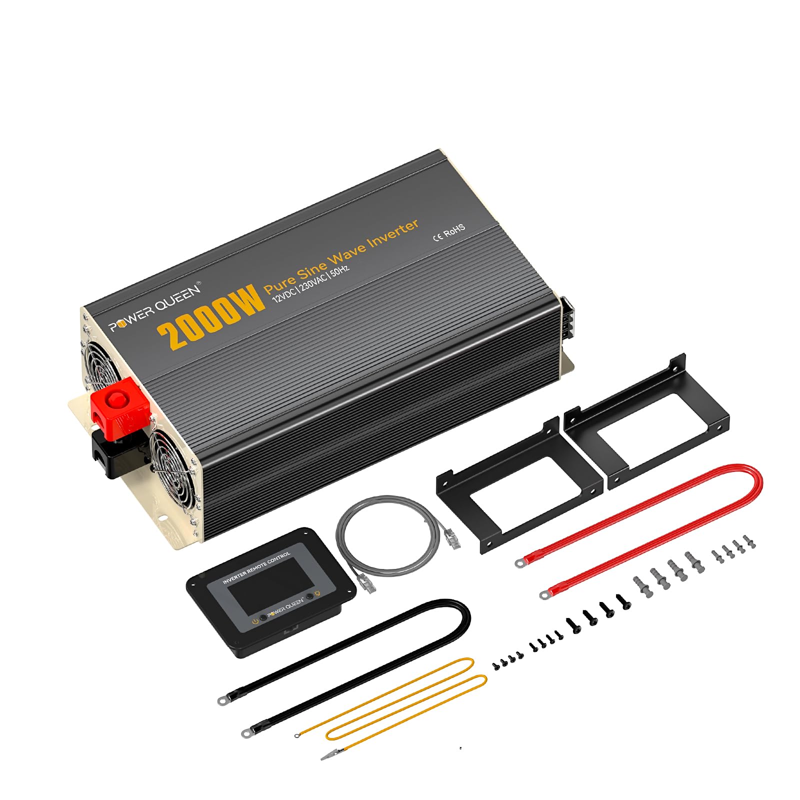 Power Queen 2000W Wechselrichter Reiner Sinus 12V Auf 230V Spannungswandler mit LCD-Anzeige+Fernbedienung, 2 AC Steckdosen, USB+Tycp-C Anschluss, Solar Power Inverter für Wohnmobile, Camping, Boot