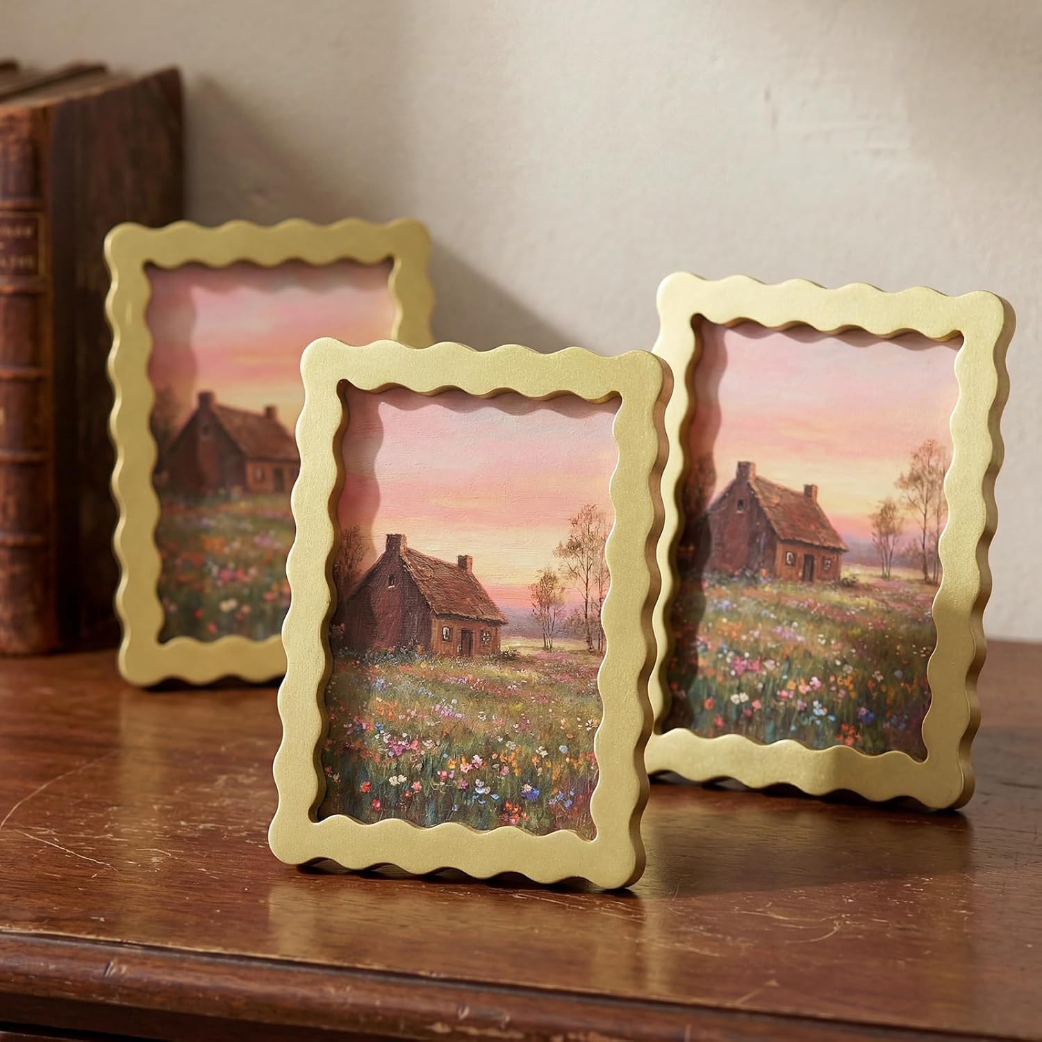 Novabright 4 Set 5 x 7 Wavy Picture Frame with Mat Scalloped Wavy Edge Wooden Photo Frames with Real Glass - Wall Mount and Tabletop Display for Home Decor Wedding Gifts, Golden