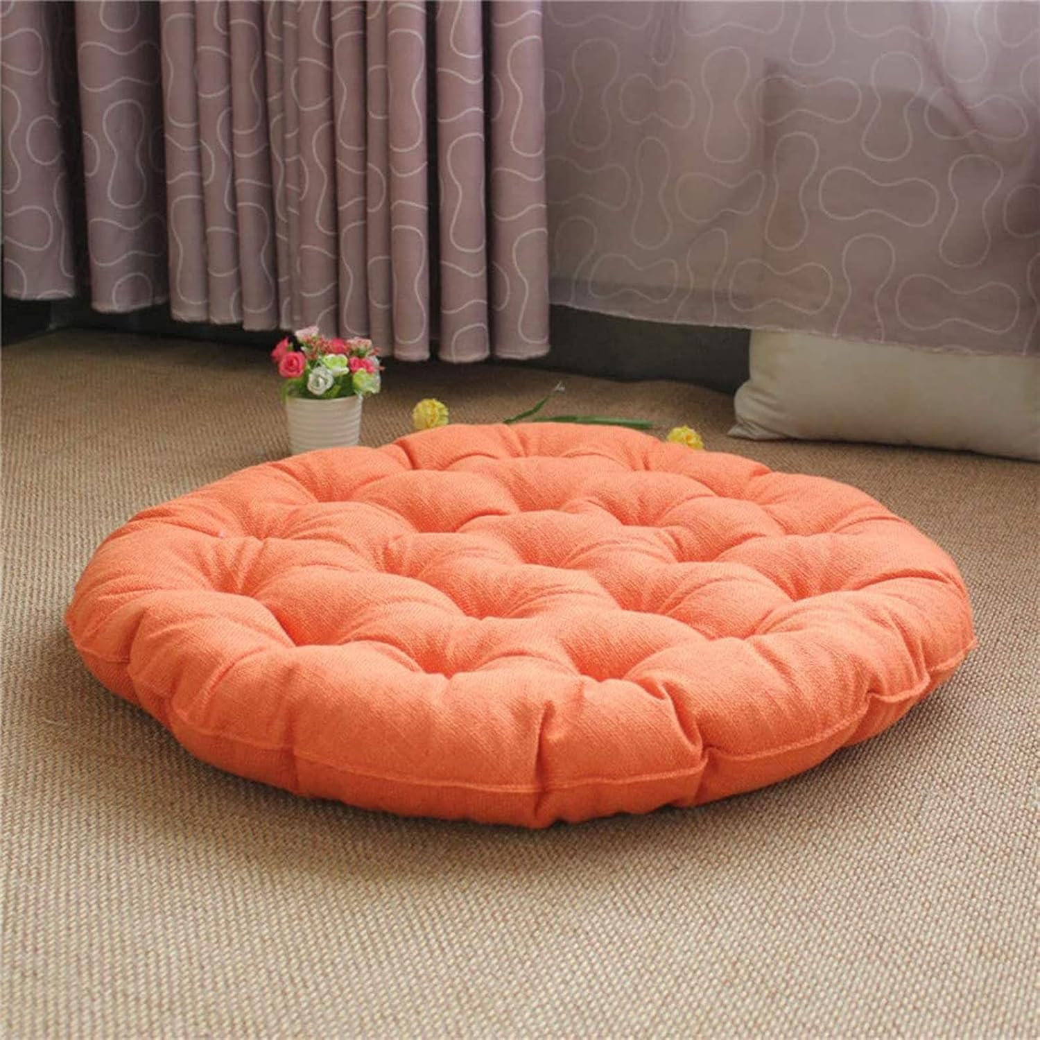 Large Linen Tatami Floor Pillow,Japanese Round Futon,Thicken Tufted Cotton Seat Cushion,Solid Color Floor Cushion,Yoga Meditation Cushion Balcony Outdoor(Size:75x75cm(30x30inch),Color:Orange)
