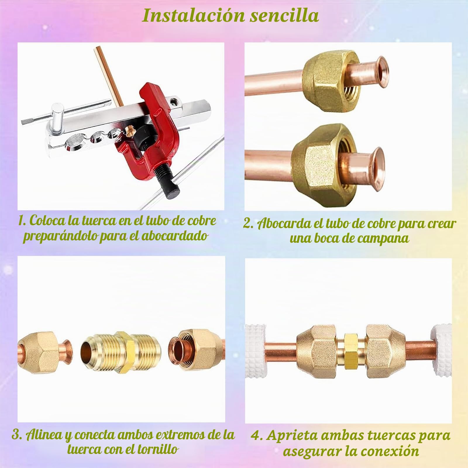 2 Piezas Boquilla Doble para Tubos de Cobre, Extensión de Tubo de Cobre para Aire Acondicionado de 1/2 Pulgadas, Con Nuez, Tuercas de Unión de Línea de Refrigerante(Oro)